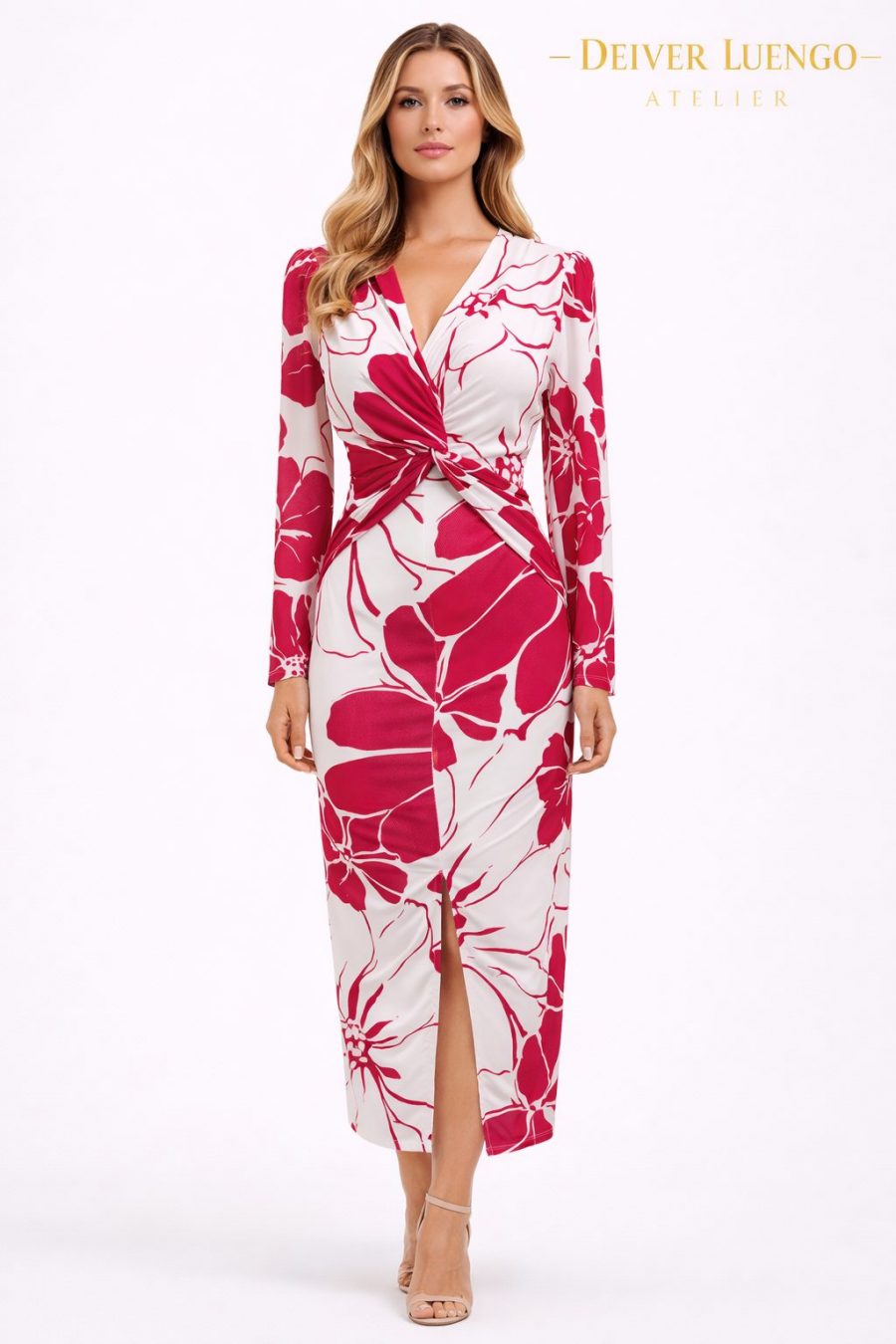 Vestido invitada corte midi, estampado con mangas